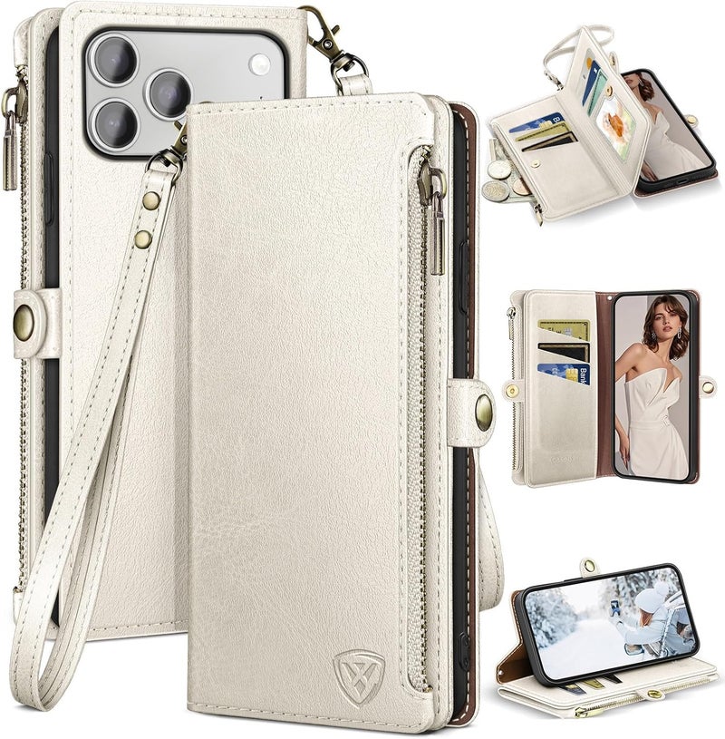 XcaseBar compatible with iPhone 17 Pro Max 6.9" Wallet case with Zipper Credit Card Holder【RFID Blocking】,Flip Folio Book PU Leather Phone case Shockproof Cover Women Men for Apple 17ProMax case White - Image 1
